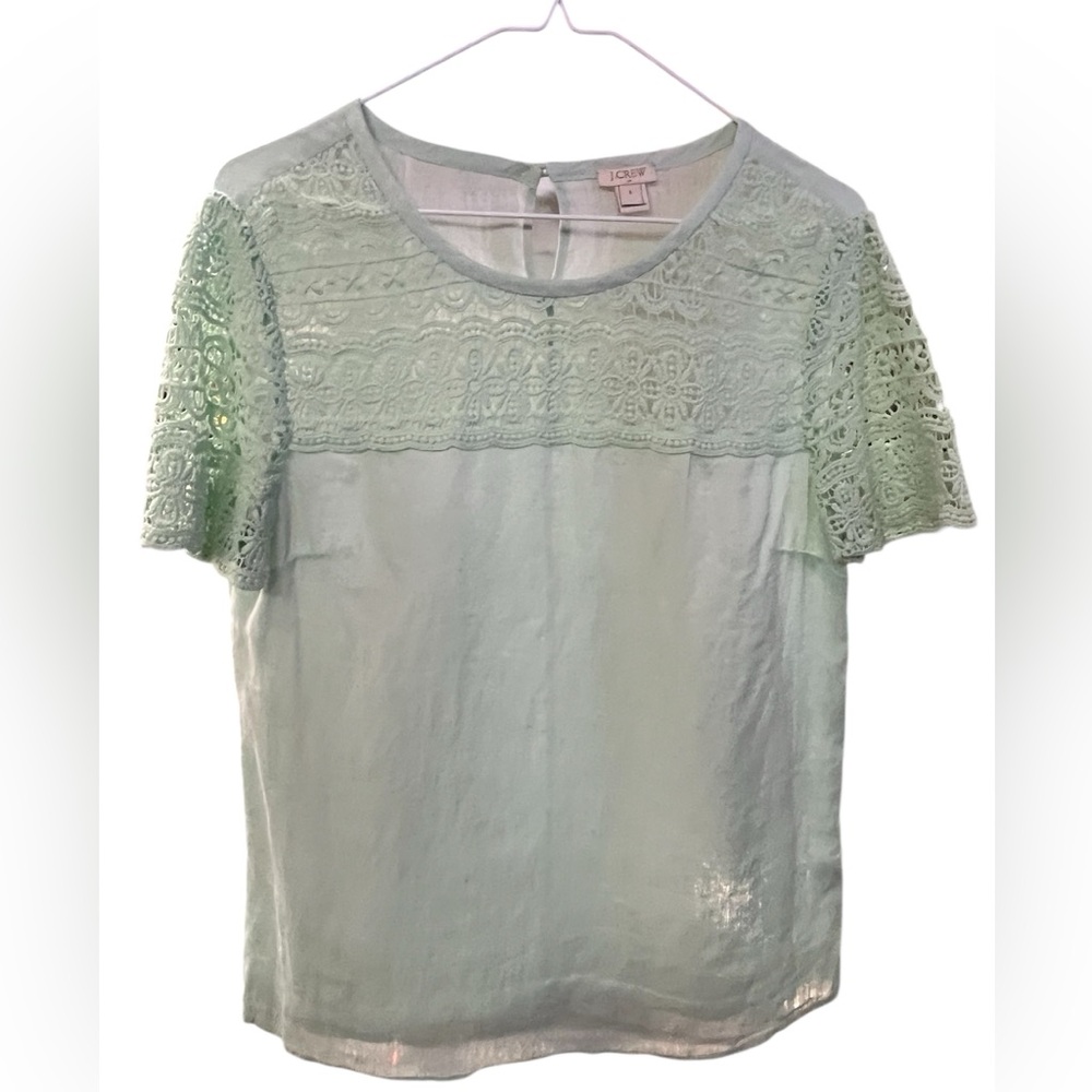 J. Crew Mint Green Lace & linen Top